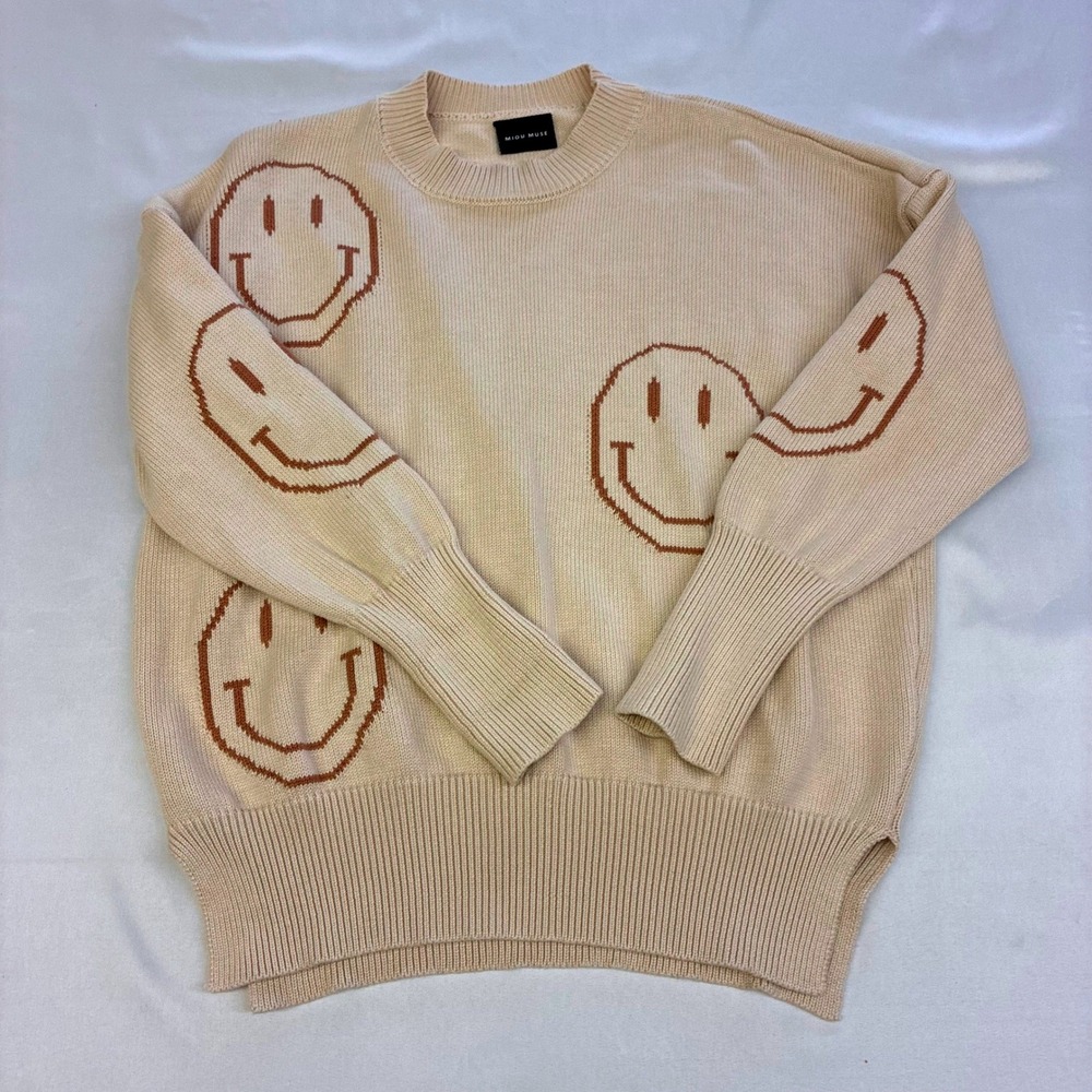 Miou Muse Smiley Face Sweater Womens Size‎ S Tan Brown Graphic Knit MMT1581